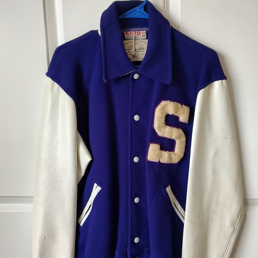 Vintage US Doe-Lon Sand Knit Purple Varsity Jacket Size 42 Letter S